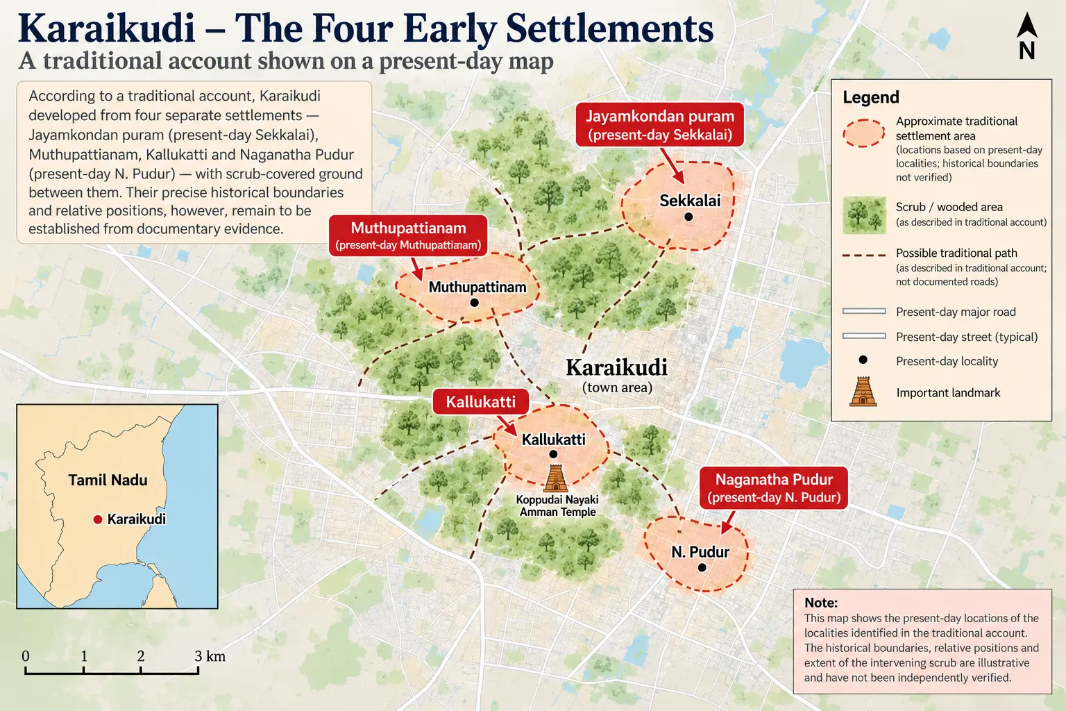 Four early settlements around a wooded tract: Jayamkondan puram (northeast, today Sekkalai), Muthupattianam (northwest), Kallukatti (southwest) and Naganatha Pudur (southeast, N. Pudur), over a present-day map of Karaikudi.